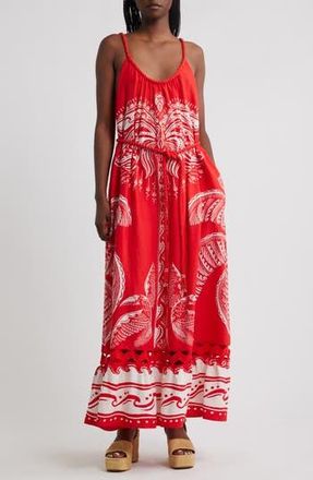 Farm Rio Majestic Coconut Tree Linen Blend Midi Dress in Red at Nordstrom Rack, Size X-Large
