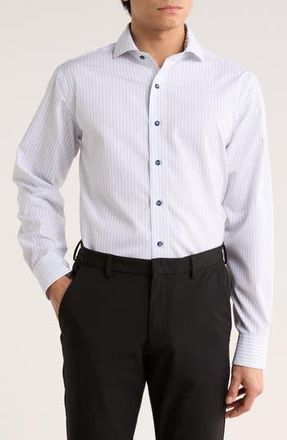 Lorenzo Uomo Trim Fit Textured Vertical Stripe Cotton Button-Up Shirt in White/Navy at Nordstrom Rack, Size 15.5 - 34