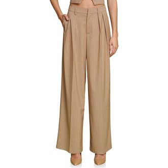 Avec Les Filles Pinstripe High Waist Wide Leg Pleat Front Pants in Camel Pinstripe at Nordstrom, Size 14