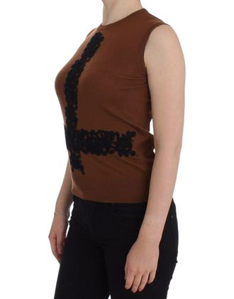 Dolce & Gabbana Womens Brown Wool Black Lace Vest Sweater Top Beige Cotton