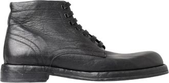 Dolce & Gabbana Zwarte Leren Laarzen - Heren - Veterlaarzen - Zwart - 43 1/2 EU - Leer - Schoenen