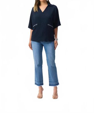Joseph Ribkoff V-Neck Collared 3/4 Sleeves Hi-Low Top In Midnight Blue