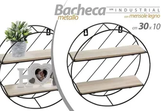 Trade Shop Trade Shop - Bacheca In Metallo Tonda Parete Porta Oggetti Mensole Legno 30x10cm Nero 832154