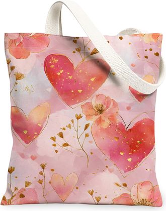 Generic Romantic Floral Canvas Tote Bags, Heart Pattern Reusable Grocery Bags, Vintage Lightweight Washable Shoulder Strap Canvas F, Peach, 13x15 Inch