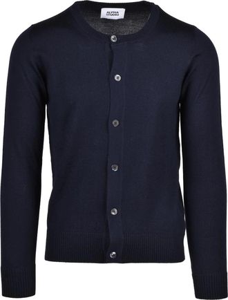 Alpha Studio Navy Blue Button-Down Extrafine Merino Wool Cardigan