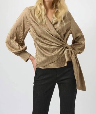 Joseph Ribkoff Jacquard Satin Animal Print Wrap Top In Taupe