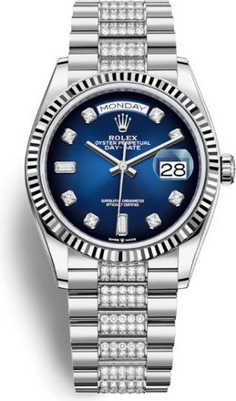 Rolex Day-Date 36 Blue Dial 18kt White Gold Diamond Set President Watch 128239BLDDP