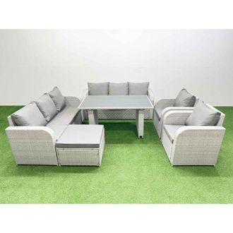 Fimous 9 Seater Wicker pe Rattan Furniture Outdoor Dining Table 3 Seater Sofa Reclining Chair Set with Big Stool Light Grey - Fimous