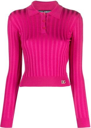 Dolce & Gabbana logo-plaque ribbed polo shirt - women - Silk - 44 - Pink