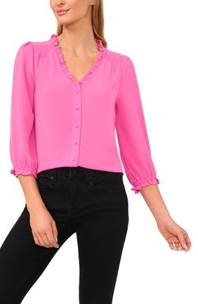 CeCe by Cynthia Steffe Ruffle V-Neck Blouse in Freeisa Pink at Nordstrom, Size X-Small