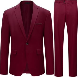 AlltheMen Mens Slim Fit 2 Piece Suit One Button Business Jacket & Trousers, Chest 38(trousers:waist 32)/Medium, Burgundy