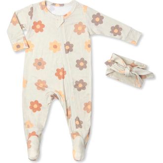 Everly Grey Jersey Long Sleeve Footie & Head Wrap Set in Daisies at Nordstrom, Size Newborn