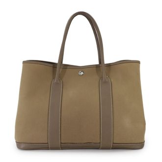 Herm&egrave;s Etoupe Gray Toile Officier Leather Handbag Tote Bag (Pre-Owned)