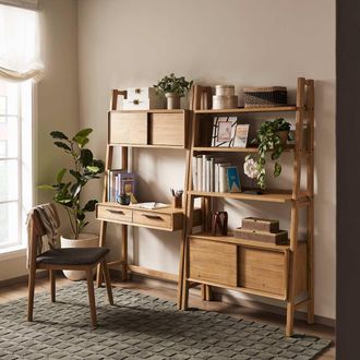Castlery Large Modular Wooden Wall Desk and Bookshelf - Brown | Seb by Castlery