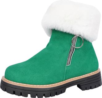 Generic Womens Faux Fur Ankle Snow Boots, Fashion Ladies Winter Boots Waterproof Round Toe Booties Low Heel with Side Zipper (Green,7.5)