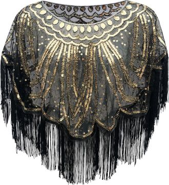 Generic Black Poncho Flapper Costume Womens Wraps And Shawls Plus Size Shawl Silver Sequin 1920s Art Deco Beaded Wrap Wedding Cape Evening Party Cover Up For 