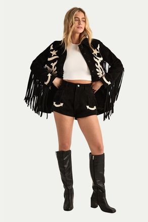 NASTY GAL Real Suede Western Embroidered Shorts in Black at Nordstrom, Size 12