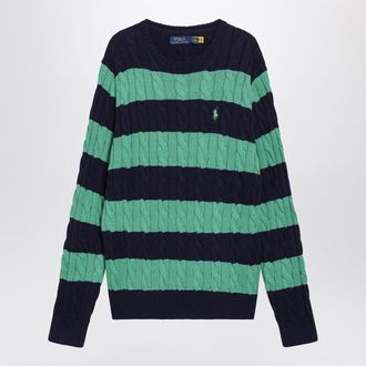 Polo Ralph Lauren Marineblau/Gr&uuml;n gestreifter Zopfstrickpullover