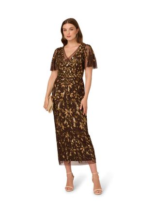 Adrianna Papell Womens Beaded Flutter Sleeve Dress - Brown - Size 12 UK