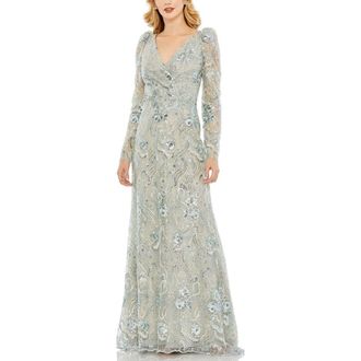 Mac Duggal Embroidered Wrap Over Puff Sleeves Trumpet Gown in Seafoam at Nordstrom, Size 10