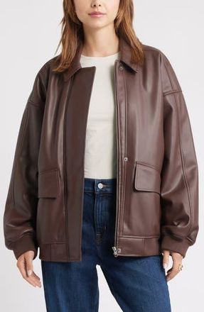 Open Edit Oversize Faux Leather Jacket in Brown Seal at Nordstrom Rack, Size X-Large
