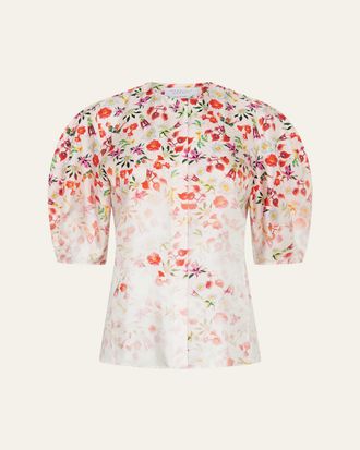 Gabriela Hearst Edify Degrade Floral Silk Puff-Sleeve Top