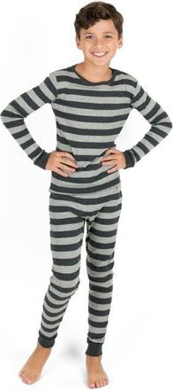 Leveret Two-Piece Printed Cotton Pajamas, Stripes, Animals & Characters in Striped Dark Gray & Light Gray at Nordstrom, Size 18-24M