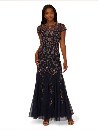 Adrianna Papell Womens Bead Mesh Godet Long Dress - Blue - Size 10 UK