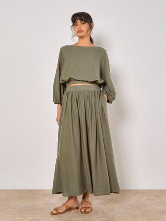 Apricot Linen Pleated Full Midi Skirt in Khaki at Nordstrom, Size Xx-Large