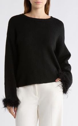 Wayf Feather Trim Sweater in Black at Nordstrom Rack, Size X-Small