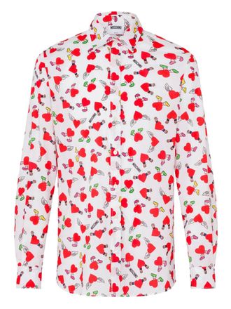 Moschino Long-Sleeve Button-Up Shirt With Playful Heart And Cherry Print