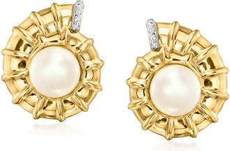 Ross-Simons 8-8.5mm Cultured Pearl Seashell Earrings With White Topaz in 18kt Gold Over Sterling