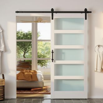 HOMCOM Homcom Puerta Corredera 91x213 Cm Con Kit De Montaje, Puerta De Granero Con Paneles De Vidrio, Gu&iacute;a De Piso, Blanco