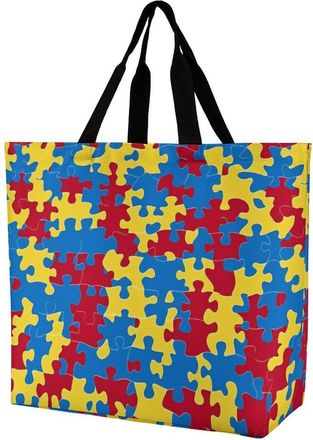 Generic Autism Puzzles Pattern Tote Bag Reusable Grocery Shopping Bags Large Travel One Shoulder Handbag for Picnic Work