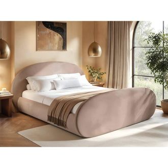Flair Amos Oval Headboard Side Lift Ottoman Bed Beige Velvet | Size: King