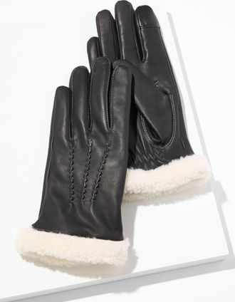 Talbots Shearling Trim Leather Gloves - Black - Medium Talbots
