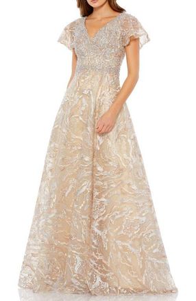 Mac Duggal Embellished Illusion Butterfly Sleeve A-Line Gown in Champagne Gold at Nordstrom, Size 10