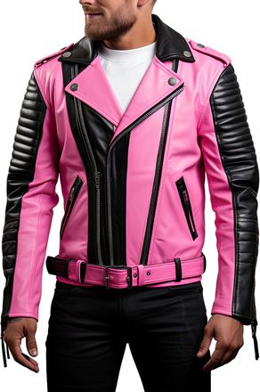 Generic Mens Pink Black Leather Jacket Genuine Sheepskin Crossover Quilted Fashionable Multi Zipper Casual Belted Biker Motorcycle, Pink & Black, 3XL
