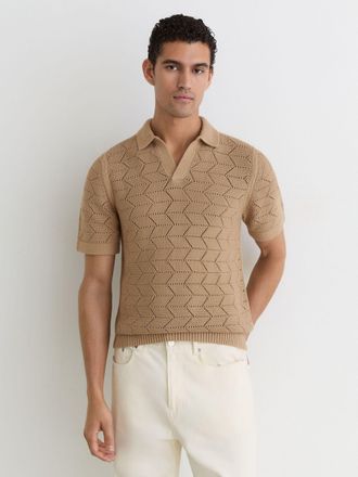 Reiss Camel Pointelle-knit Open-collar Polo Jumper, Xxl