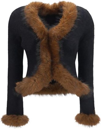 Self Portrait Brown Faux Fur Trim Cropped Cardigan