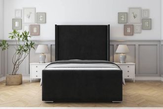 Sloomy Devonshire Plush Frame-Mattress-50 Upholstered Wingback Headboard in Black | Size: Double