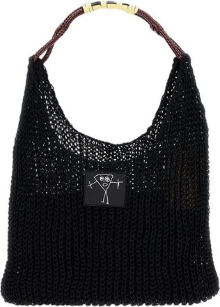 Plan C Textured Black Mesh Shopper Bag With Braided Handle