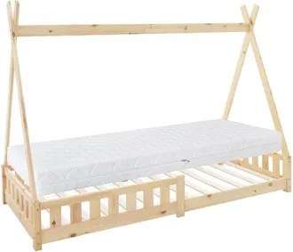 ML Design Ml-design Cama Infantil Tipi Natural 200x90 Cm Con Colch&oacute;n Hipoalerg&eacute;nico 16cm, Protecci&oacute;n Antica&iacute;da Y Somier, Cuna Juvenil De Madera Maciza De Pino P