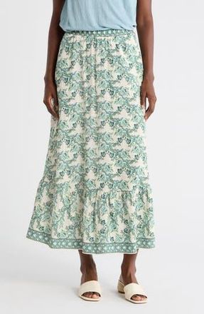 Max Studio Crosshatch Flounce Border Print Skirt in Cream/Green Magnolia at Nordstrom Rack, Size X-Large