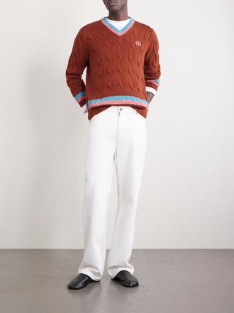 Bode Logo-Embroidered Cable-Knit Cotton Sweater