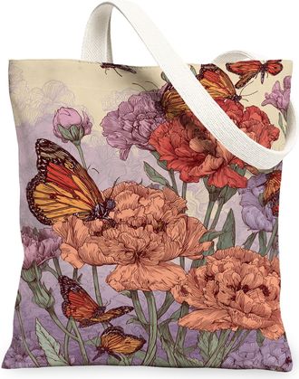 Generic Floral Canvas Tote Bag, Butterfly Print Reusable Shopping Bags, Spring Vintage Lightweight Washable Shoulder Tote Bags for, Multicolor, 13x15 Inch