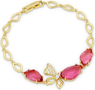 Savvy Cie Jewels GOLD PLATED OVER BRASS PINK GLASS AND WHITE CZ BRACELET