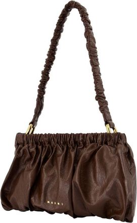 Marni Womens Gathered Calfskin Shoulder Bag Brown