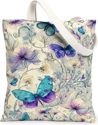Generic Floral Butterfly Canvas Tote Bags, Vintage Butterfly Design Reusable Shopping Bags, Lightweight Washable Eco-Friendly Shoul, Light Violet, 13x15 Inch
