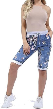 Generic Generation-Plus+ Womens Italian Shorts Light Denim Floral Print Elastic Waist Turn Up Side Pockets - Ladies Summer Beach Knee Length Trouser Capri Pan